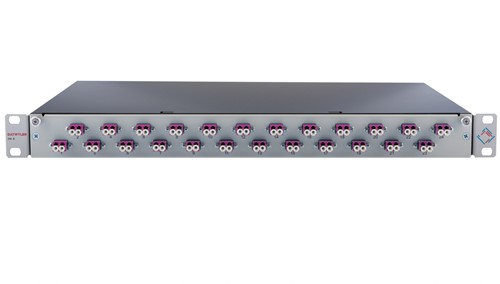 Datwyler prefab FO lade OV-S, 1HE, 12xLCD, OM4, Ral7035 grijs offset horizontaal (incl. lasbeschermers)