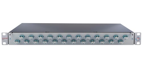 Datwyler prefab FO lade OV-S, 1HE, 12xLCD, OM3, Ral9005 zwart offset horizontaal (incl. lasbeschermers)