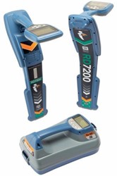 Radiodetection RD7200 systeem met RD7200 ontvanger, Tx5 zender en draagtas.